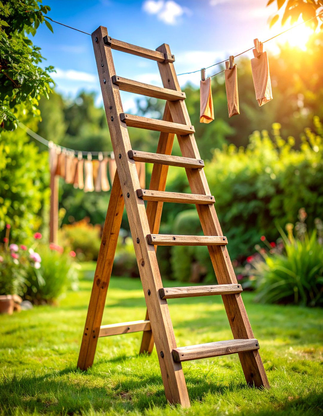 Rustic Ladder Display Outdoor Clothesline - 20 Outdoor Clothesline Ideas
