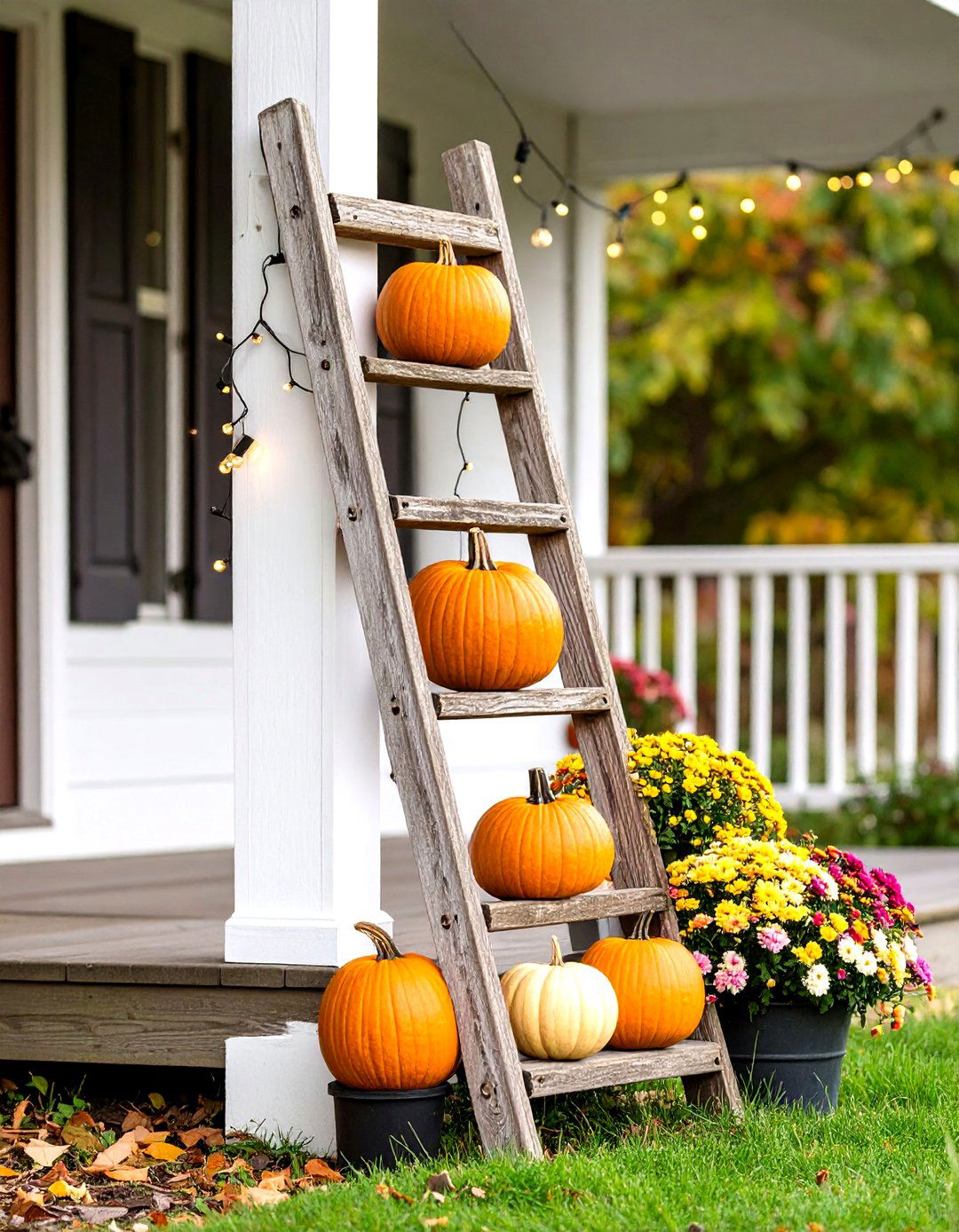 Rustic Ladder Fall Porch Display Shelving - 20 Fall Porch Decor Ideas