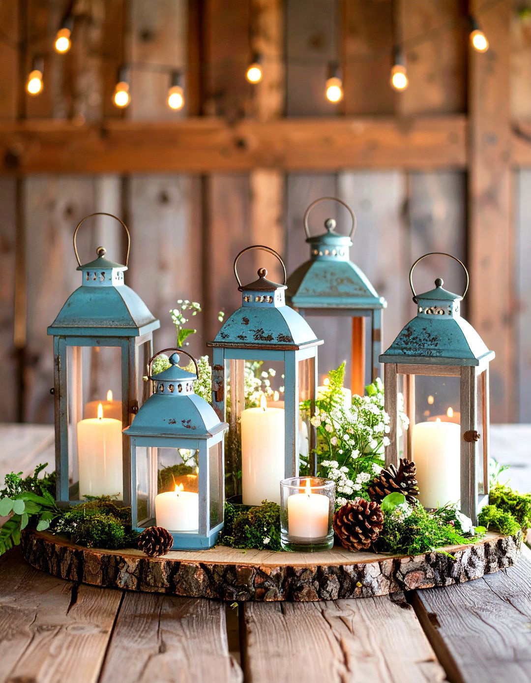 Rustic Lantern Wedding Centerpiece with Woodland Elements - 20 Wedding Centerpiece Ideas