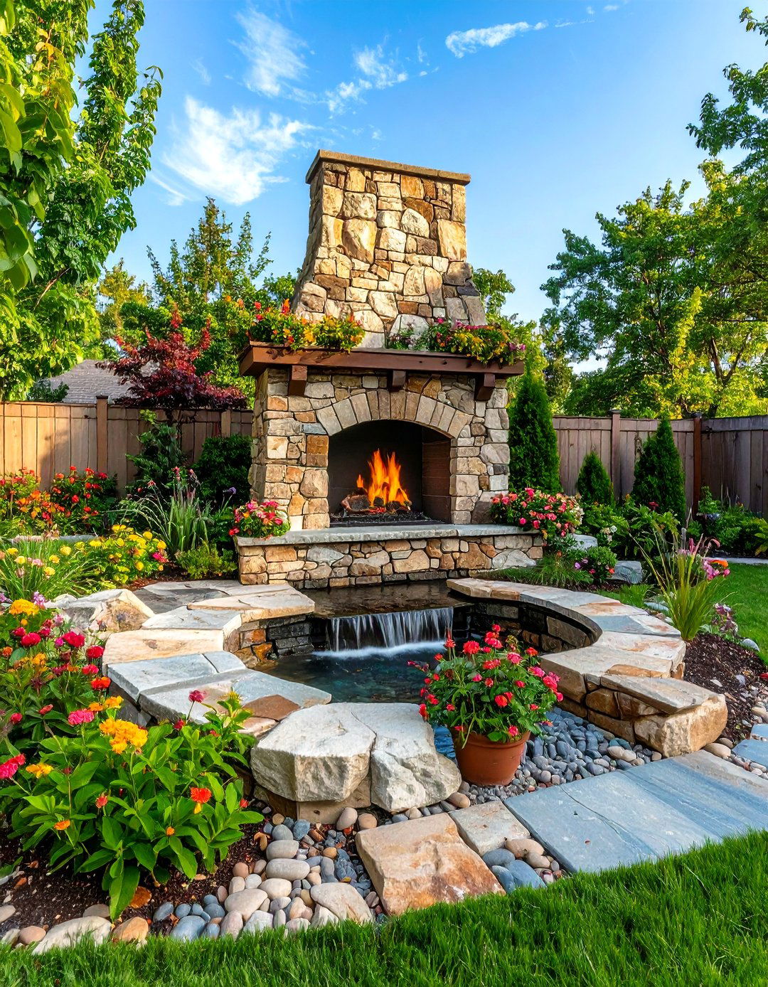 Rustic Limestone Outdoor Fireplace with Water Feature - 20 Rustic Outdoor Fireplace Ideas
