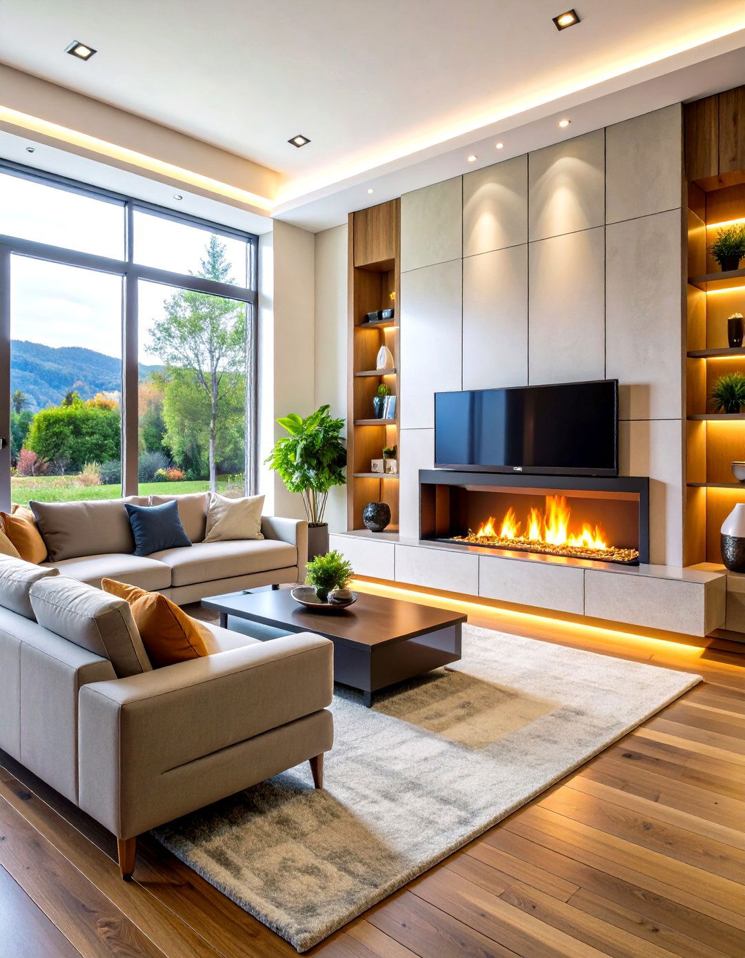 Rustic Linear Fireplace with Reclaimed Wood Surround - 20 linear fireplace ideas