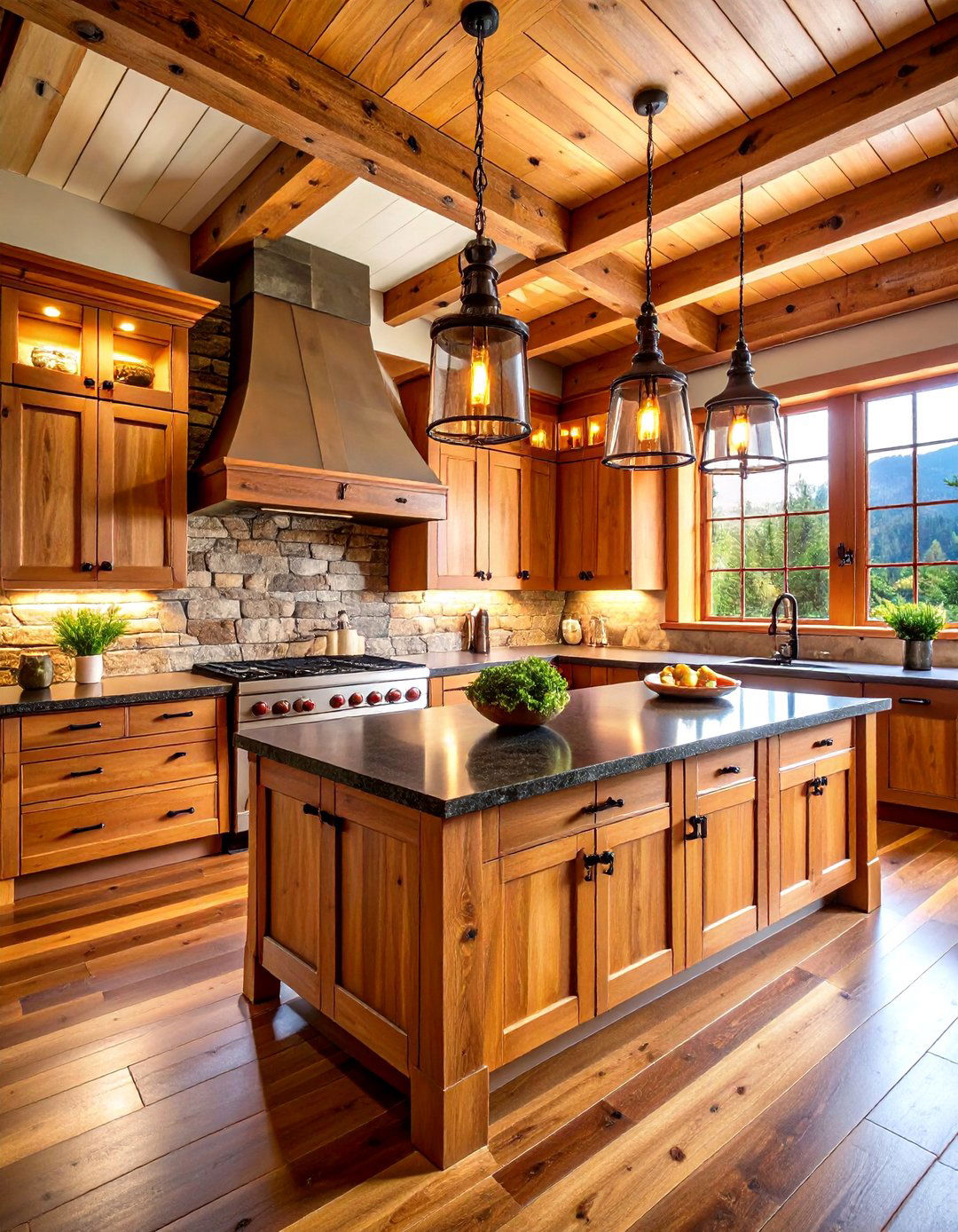 Rustic Lodge Kitchen With Dark Countertops and Light Cabinets - 20 kitchen with dark countertops and light cabinets