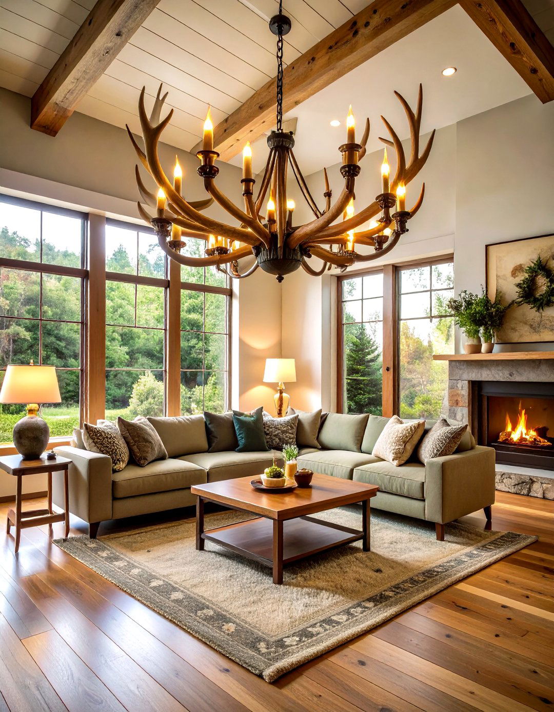 Rustic Lodge Living Room Ceiling Lighting with Antler Chandeliers - 20 Living Room Ceiling Lighting Ideas