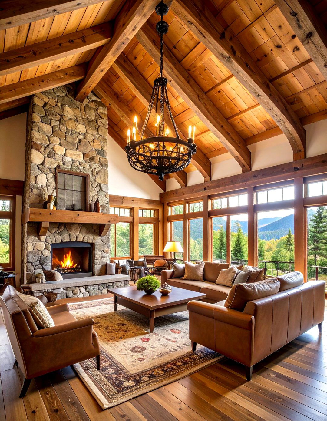 Rustic Lodge Living Room Vaulted Ceiling with Log Beams - 20 Living Room Vaulted Ceiling Ideas