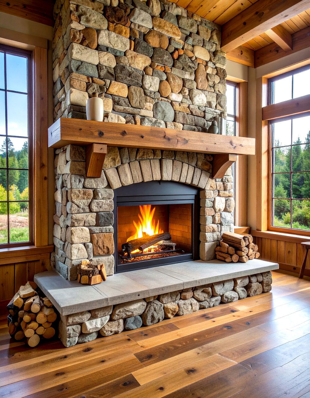 Rustic Lodge Style Faux Stone Fireplace with Timber Mantel - 20 Faux Stone Fireplace Ideas