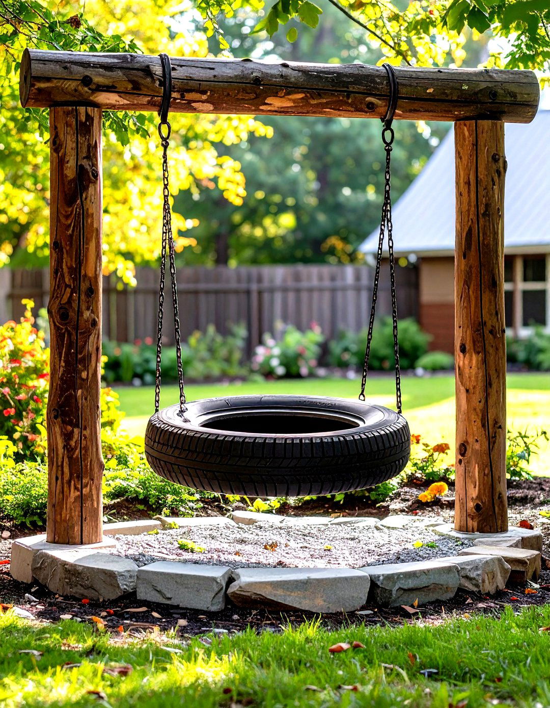 Rustic Log Frame Tire Swing - 20 Tire Swing Ideas