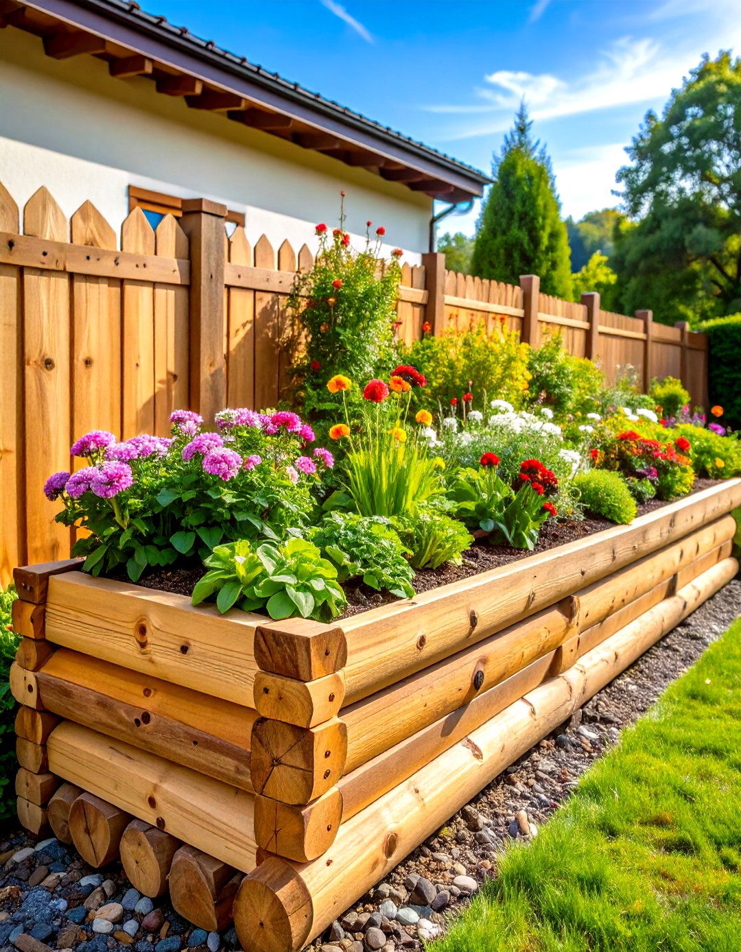 Rustic Log Raised Garden Bed Along Fence Construction - 20 Raised Garden Bed Along Fence Ideas