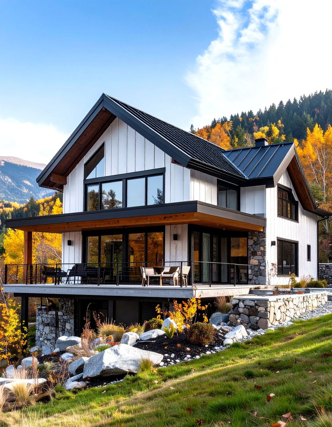 Rustic Modern White Exterior Home with a Black Roof and Natural Stone Foundation