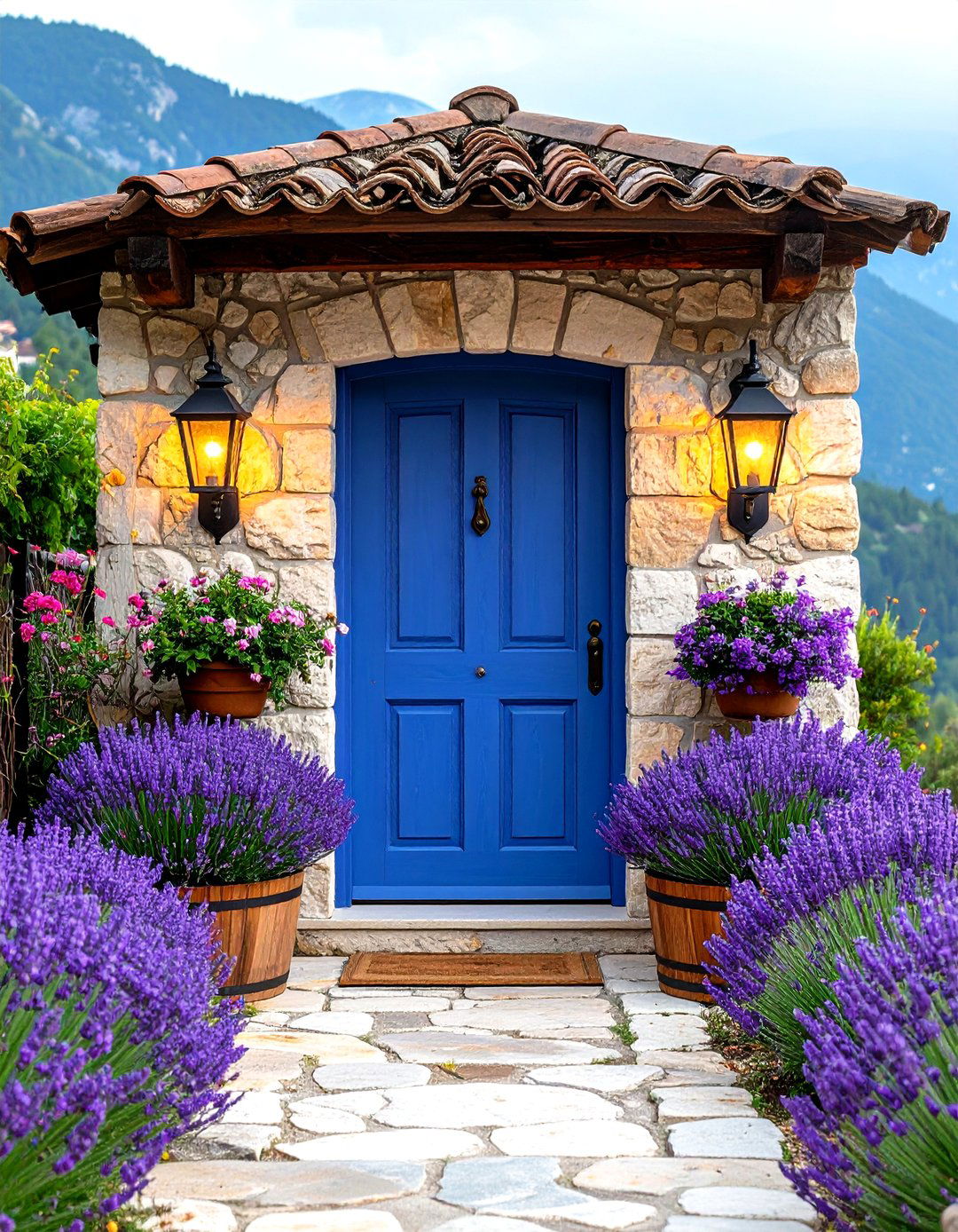 Rustic Mountain Lavender Front Door with Natural Stone - 20 Lavender Front Door Ideas