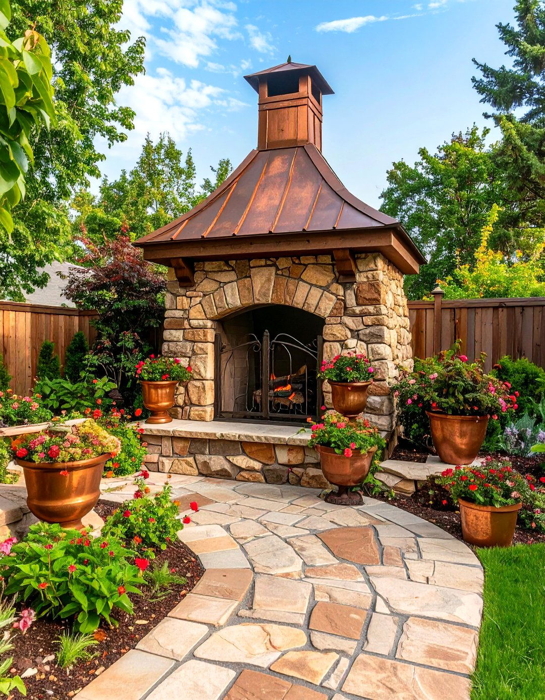 Rustic Outdoor Fireplace with Copper Chimney Cap - 20 Rustic Outdoor Fireplace Ideas