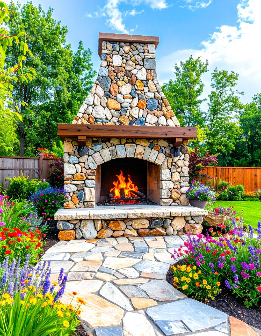 Rustic Outdoor Fireplace with Mosaic Stone Accents - 20 Rustic Outdoor Fireplace Ideas