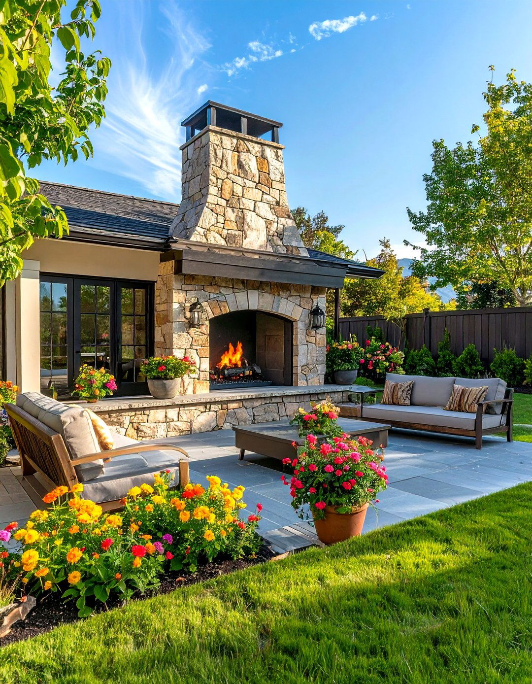 Rustic Outdoor Fireplace with Slate Hearth Extension - 20 Rustic Outdoor Fireplace Ideas