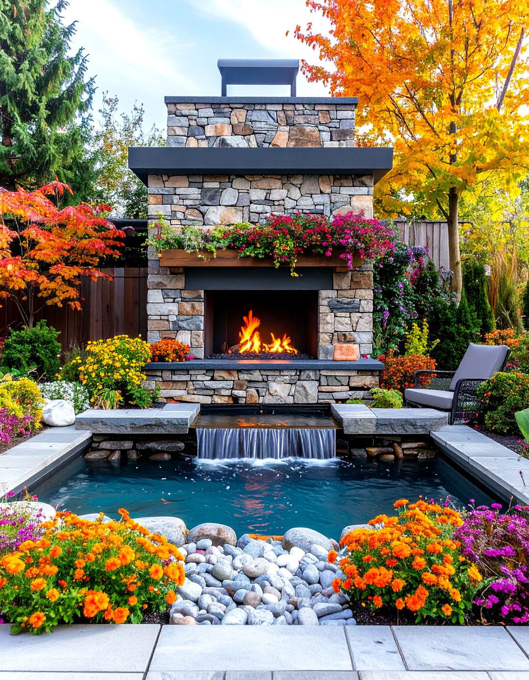 Rustic Outdoor Fireplace with Water Wall Feature - 20 Rustic Outdoor Fireplace Ideas