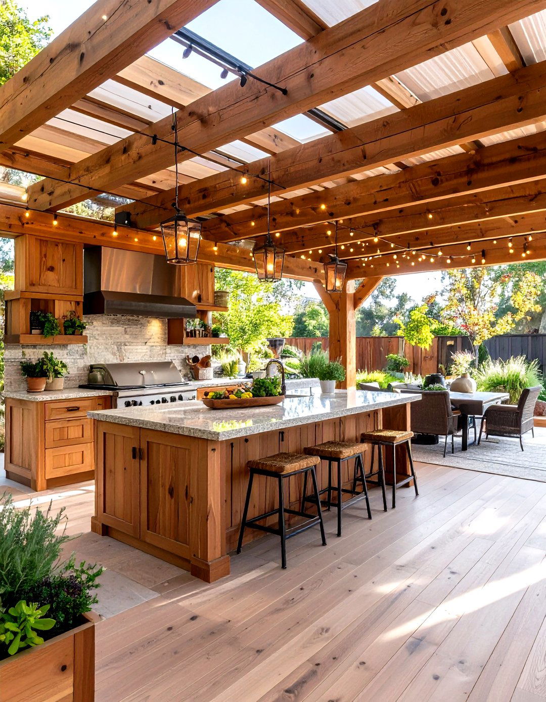 Rustic Outdoor Kitchen with Cedar Pergola - 20 Rustic Outdoor Kitchen Ideas