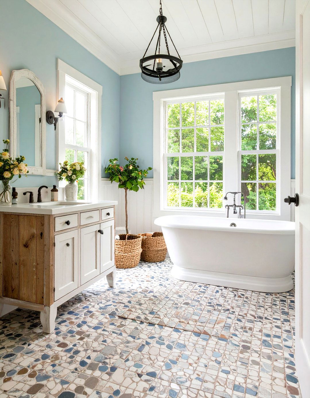 Rustic Penny Tile Floor with Weathered Finish - 20 Penny Tile Bathroom Floor Ideas