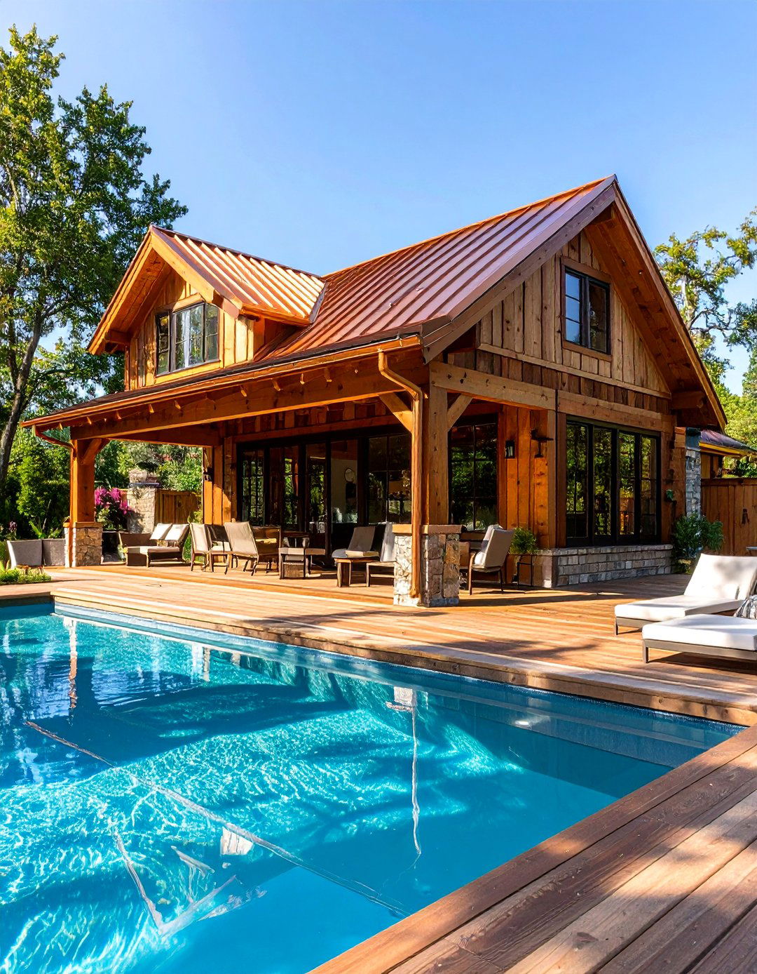 Rustic Pool House with Copper Roof Accents - 20 Rustic Pool House Ideas