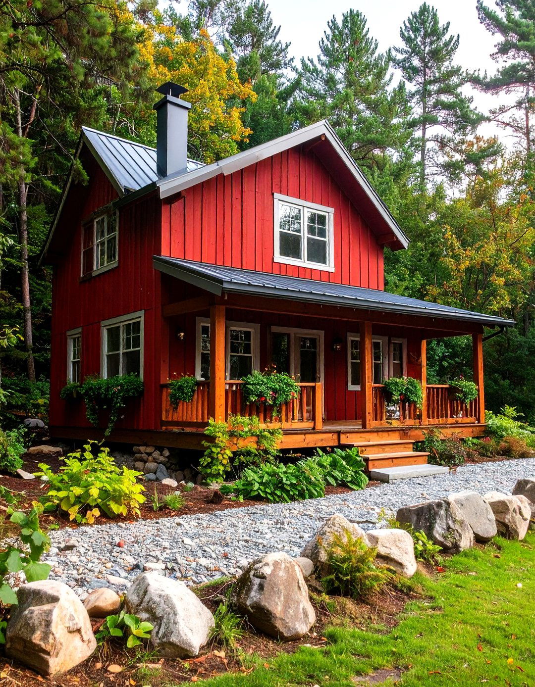 Rustic Red Cabin House Exterior Nestled in Woods - 20 Dark Red House Exterior Ideas
