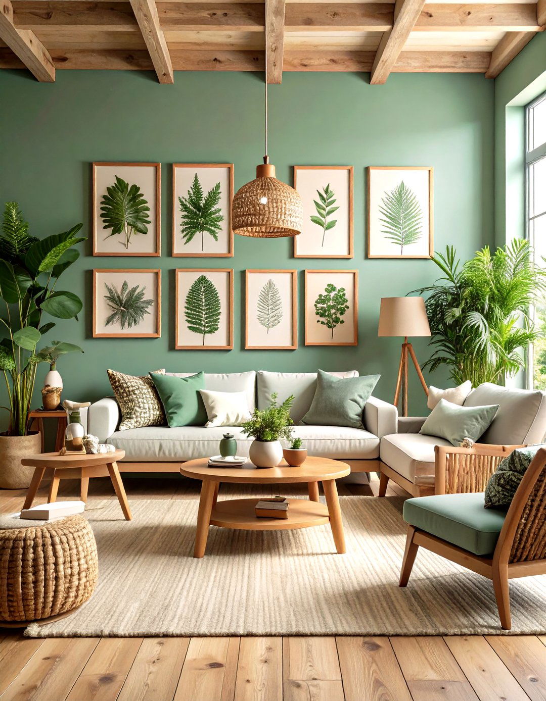 Rustic Sage Green Living Room with Botanical Print Gallery Wall - 20 Rustic Sage Green Living Room Ideas