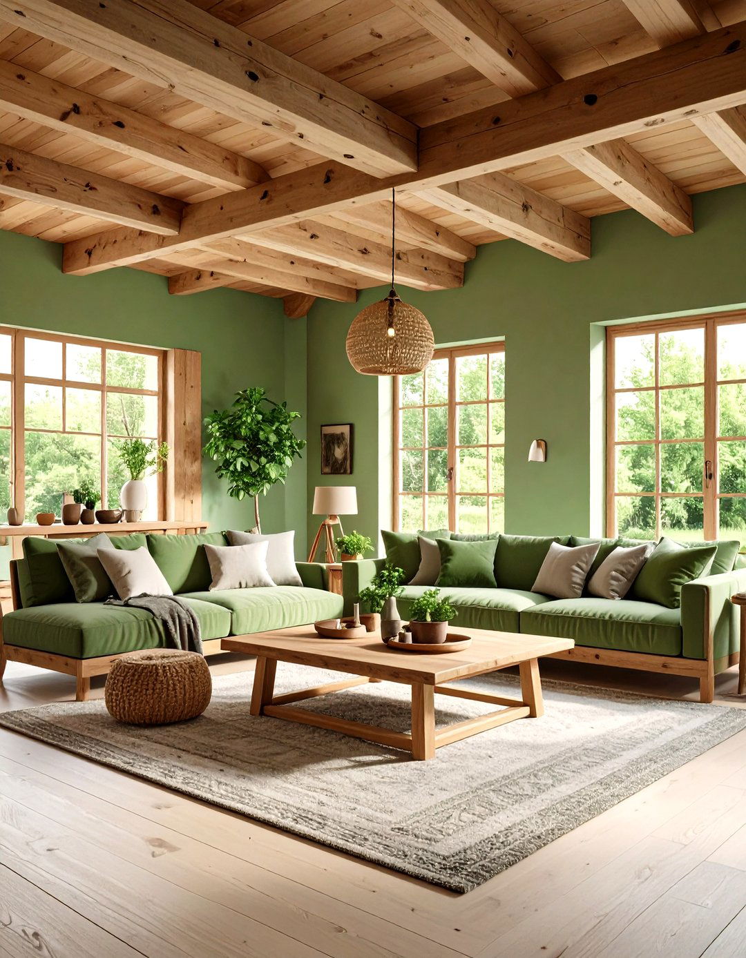 Rustic Sage Green Living Room with Exposed Wooden Beams - 20 Rustic Sage Green Living Room Ideas