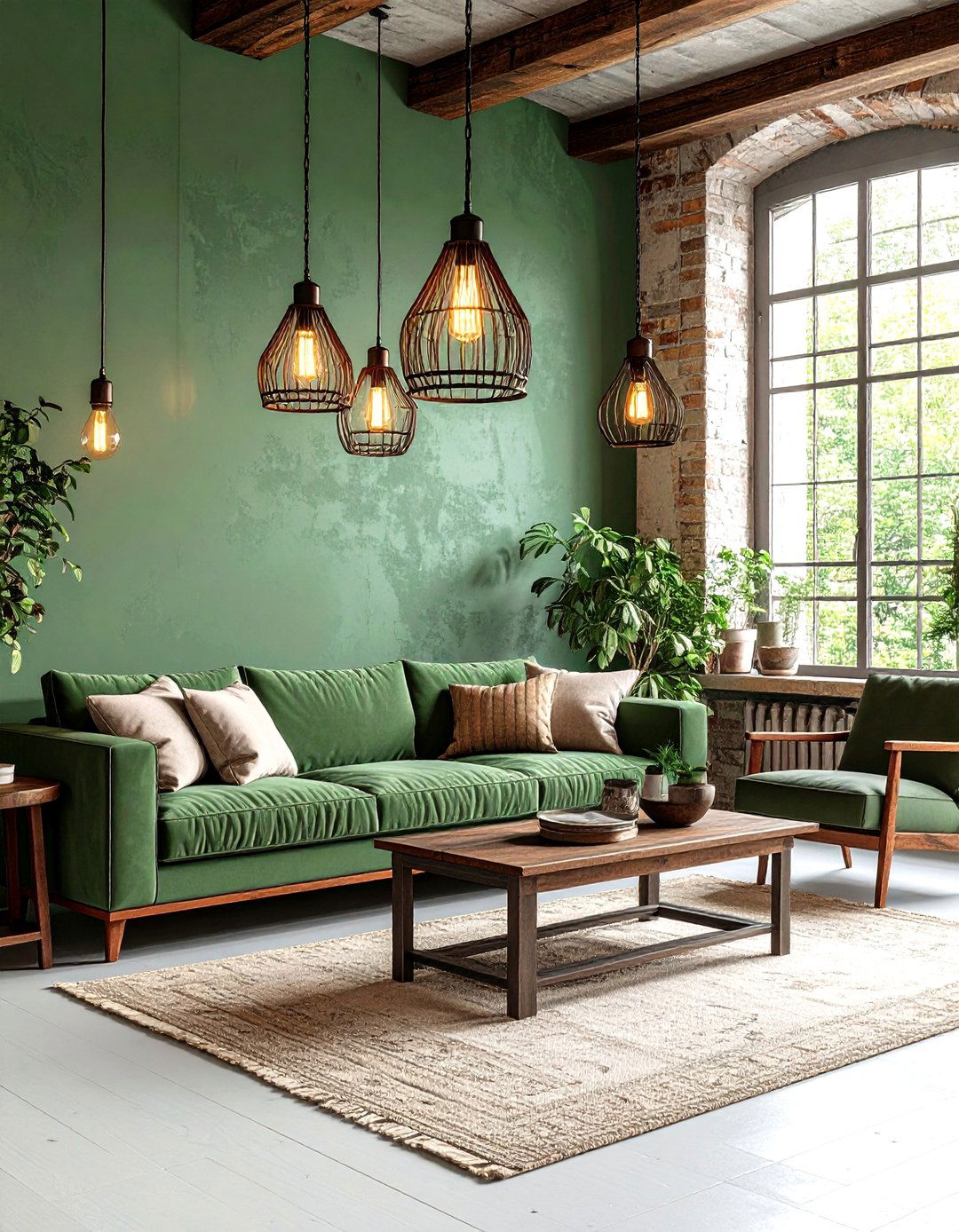 Rustic Sage Green Living Room with Industrial Lighting Fixtures - 20 Rustic Sage Green Living Room Ideas