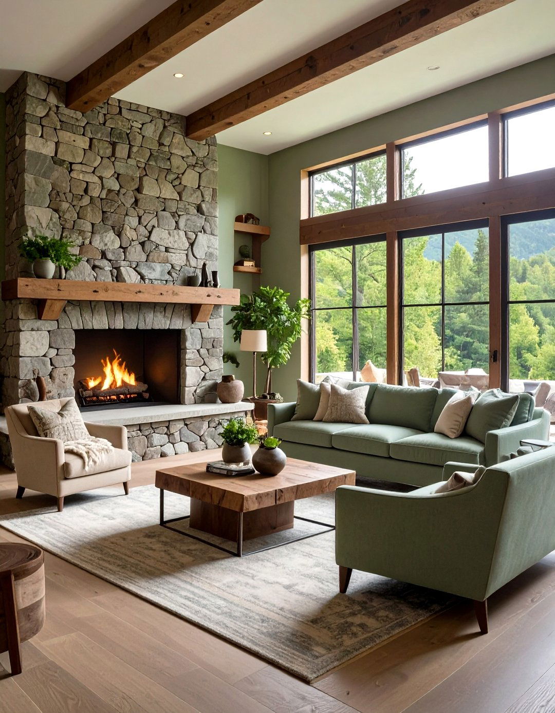 Rustic Sage Green Living Room with Natural Stone Accents - 20 Rustic Sage Green Living Room Ideas