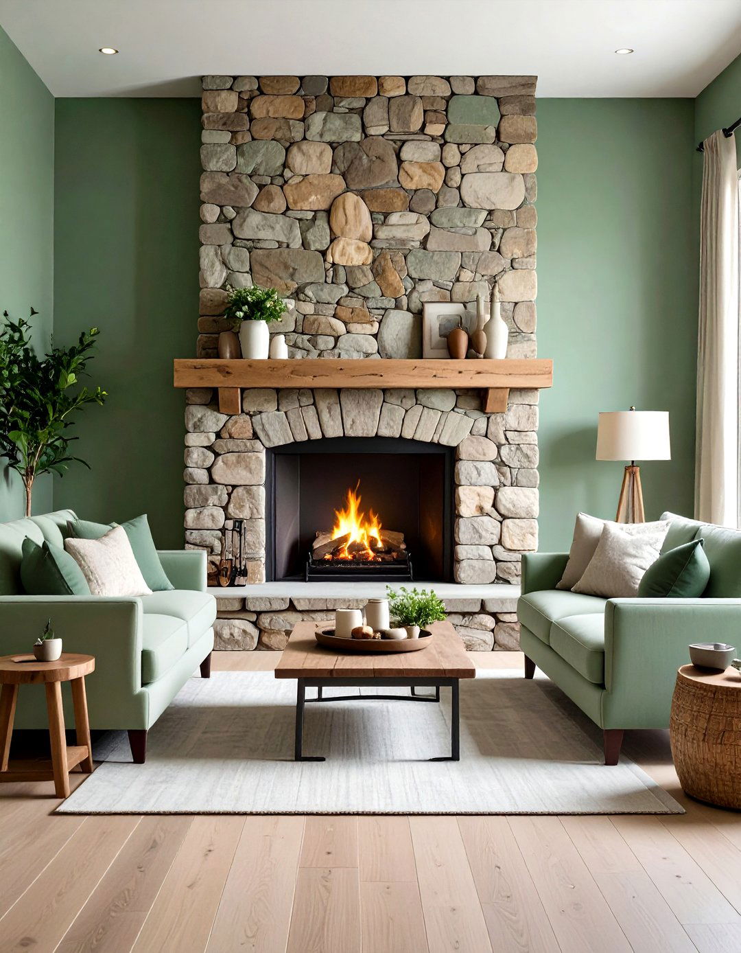 Rustic Sage Green Living Room with Stone Fireplace Centerpiece - 20 Rustic Sage Green Living Room Ideas