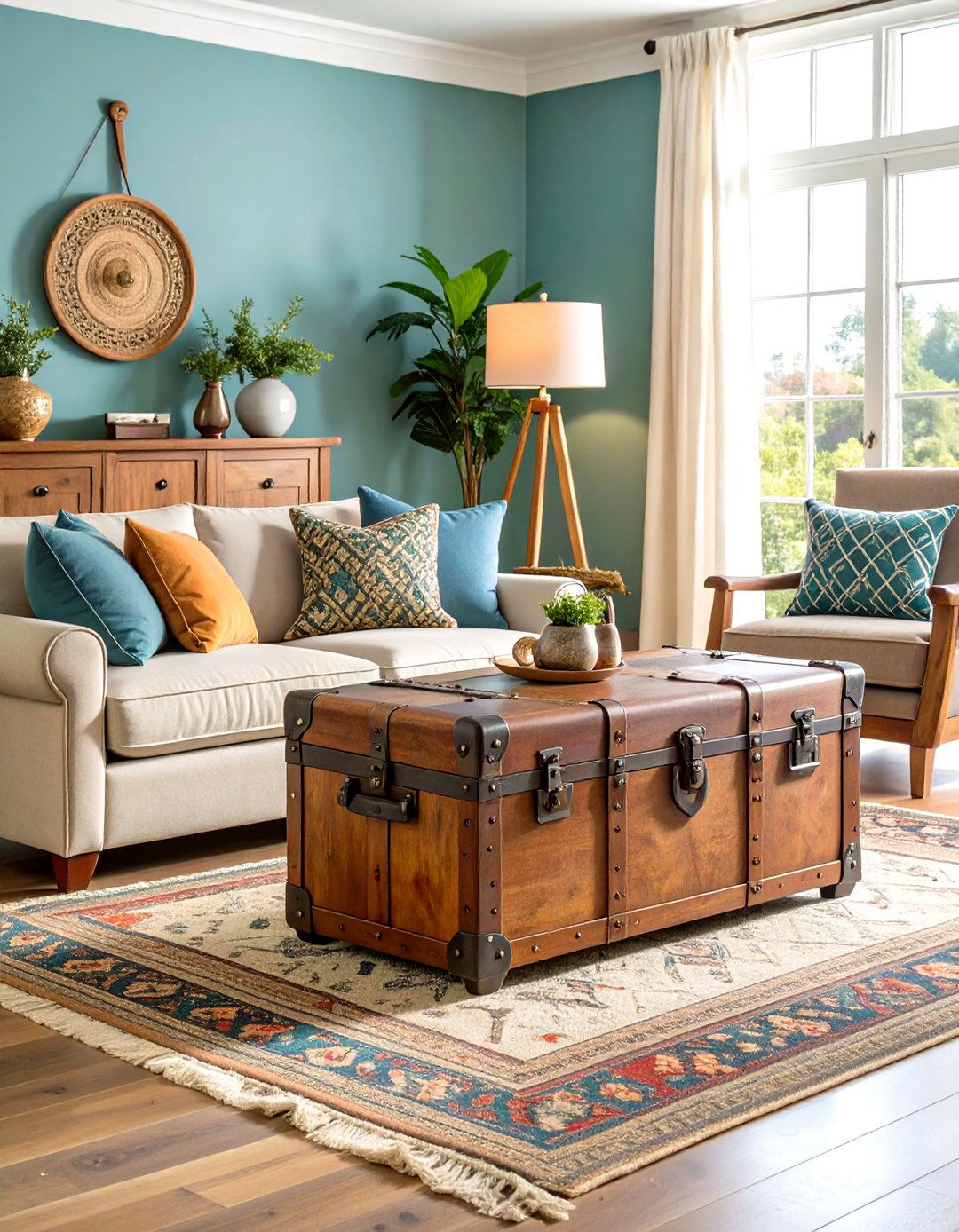 Rustic Sage Green Living Room with Vintage Trunk Coffee Table - 20 Rustic Sage Green Living Room Ideas