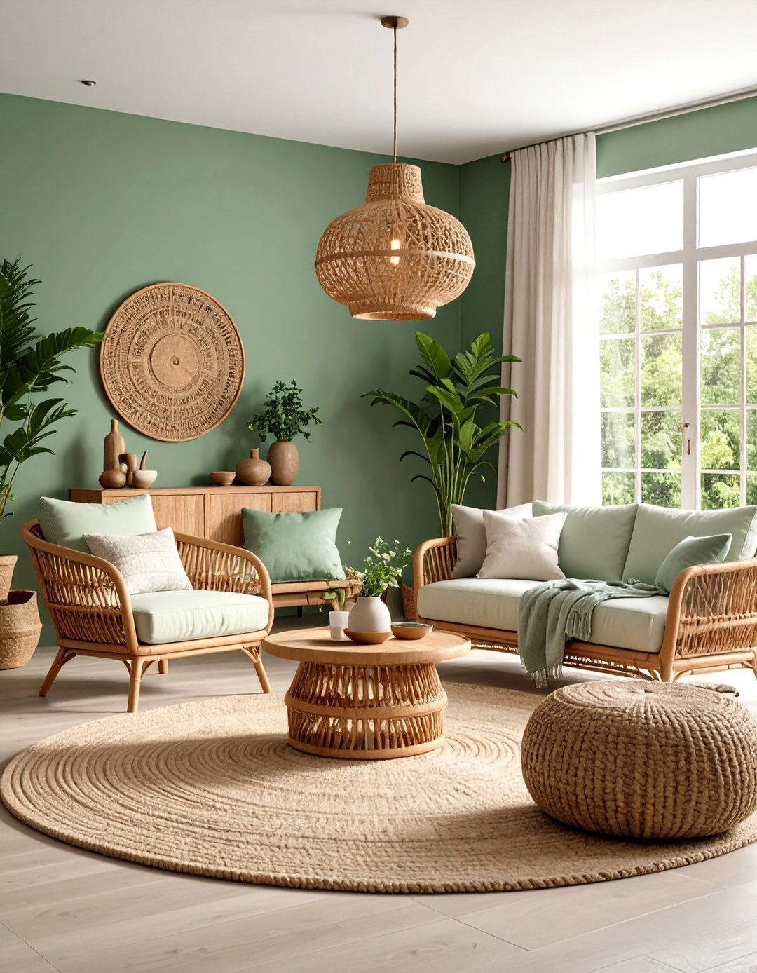 Rustic Sage Green Living Room with Wicker and Rattan Elements - 20 Rustic Sage Green Living Room Ideas