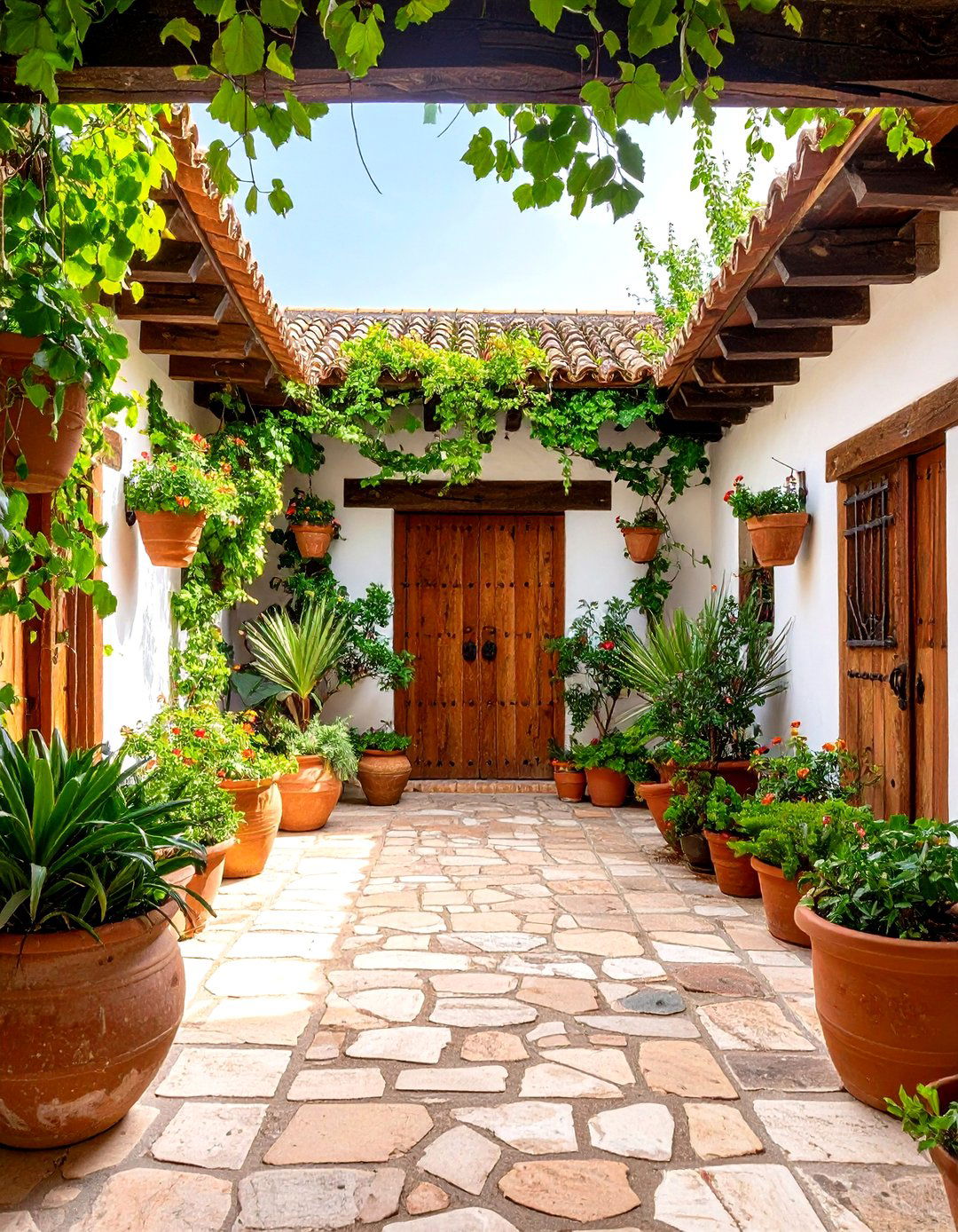Rustic Spanish Courtyard with Exposed Beam Architecture - 20 Spanish Courtyard Ideas