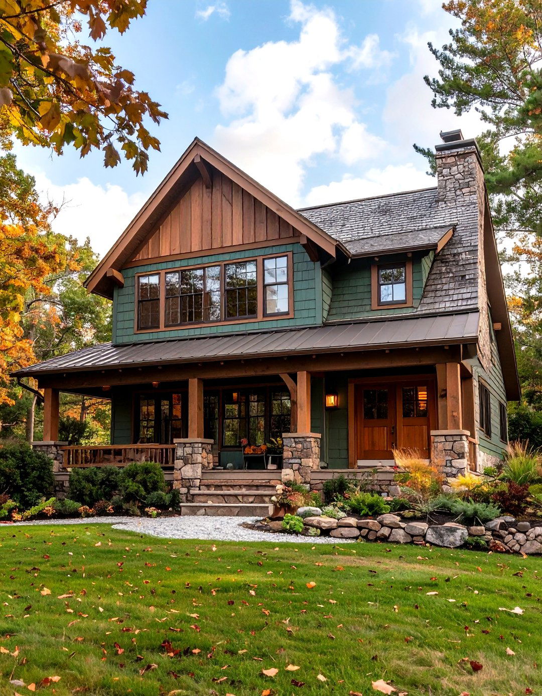 Rustic Stone Accents - 20 Sage Green House With Brown Trim Ideas