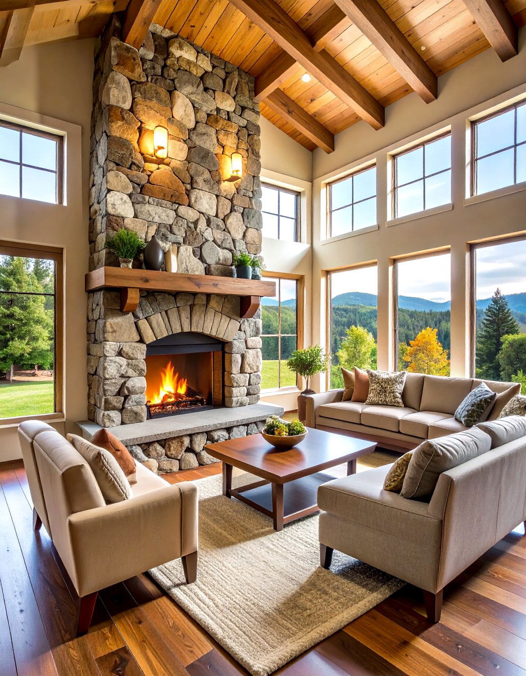 Rustic Stone Cabin Fireplace with Fieldstone - 20 Cabin Fireplace Ideas
