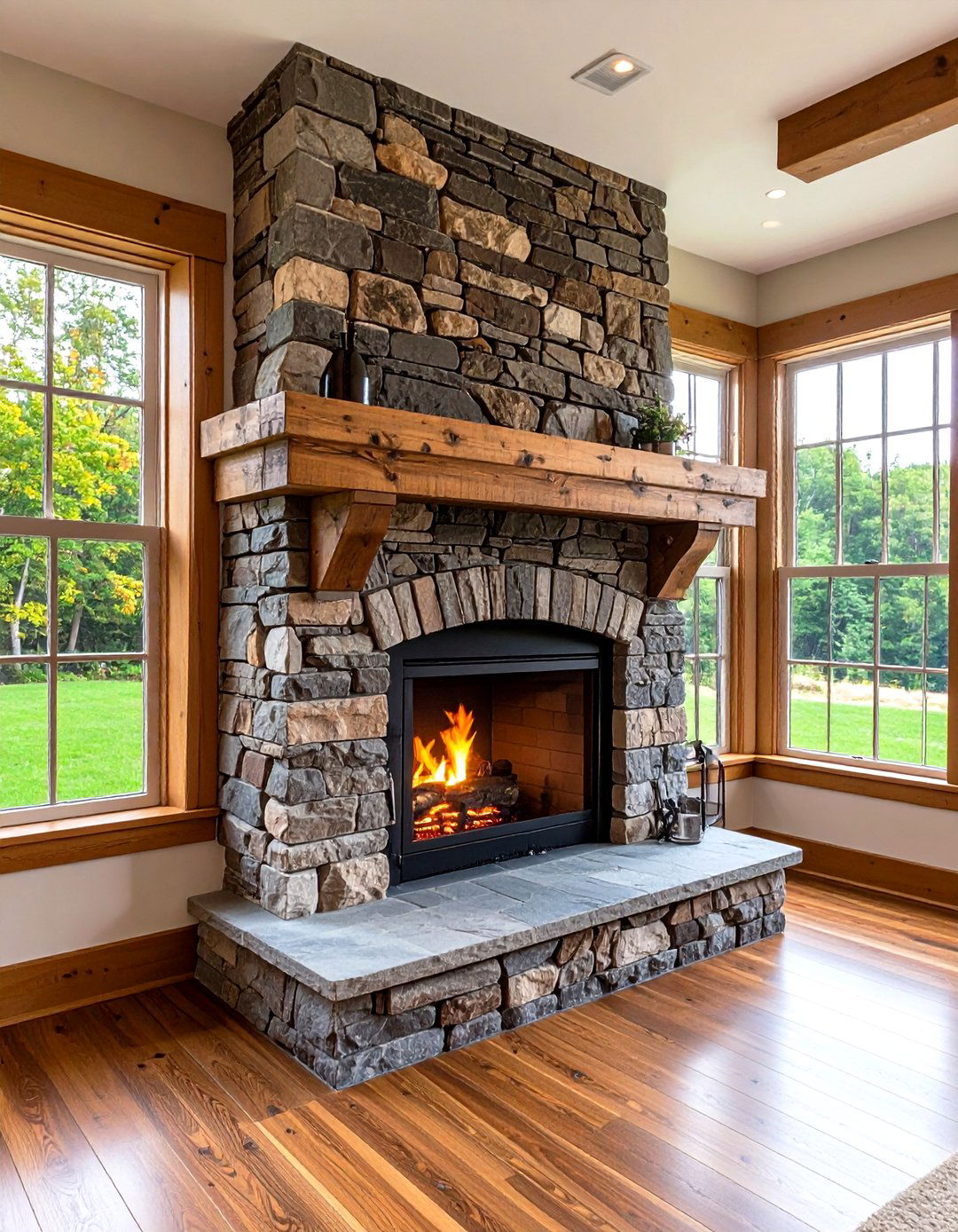 Rustic Stone Fireplace Between Paned Windows - 20 Fireplace Between Windows Ideas