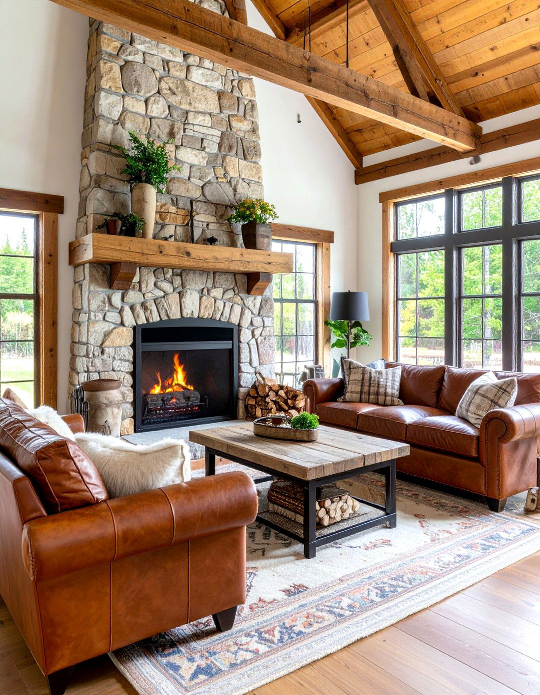 Rustic Stone Hearth Cabin Living Room - 20 Cabin Living Room Ideas