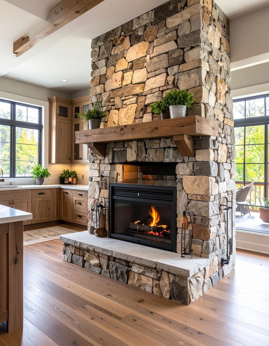 Rustic Stone Kitchen Fireplace With Natural Texture - 20 Kitchens With Fireplaces