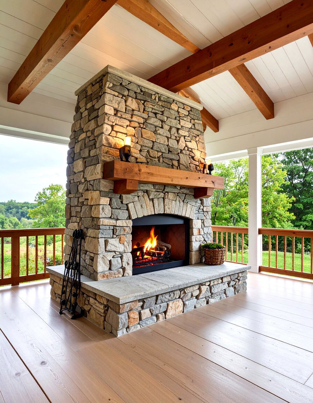 Rustic Stone Porch Fireplace with Natural Fieldstone - 20 Porch Fireplace Ideas