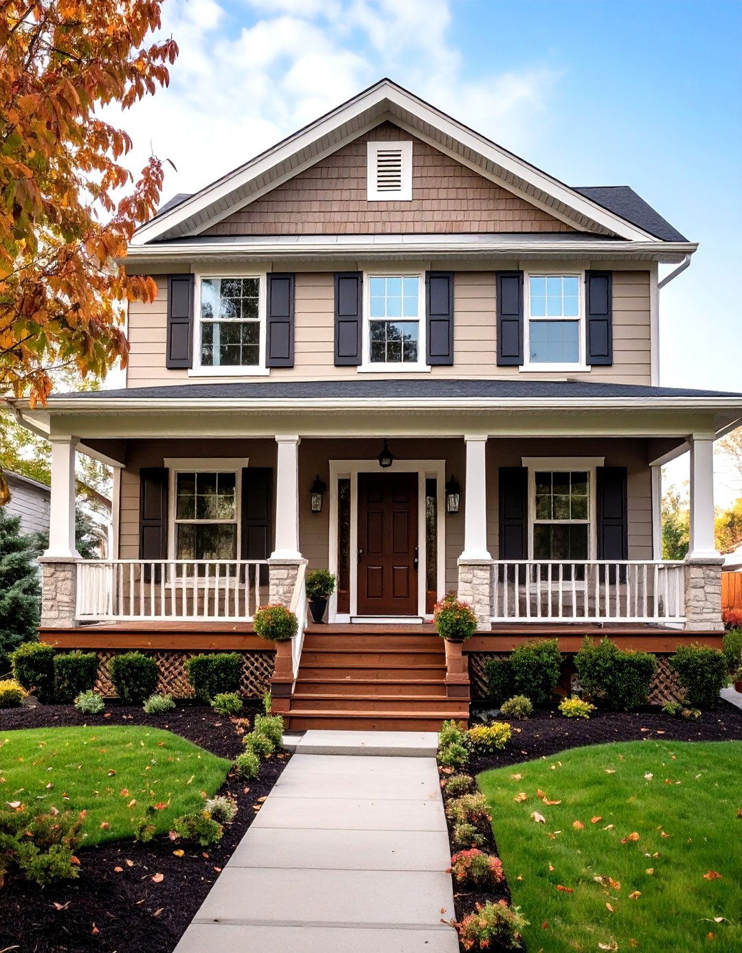 Rustic Taupe with Dark Walnut Wood Accents - 20 Exterior Taupe House Color Combinations