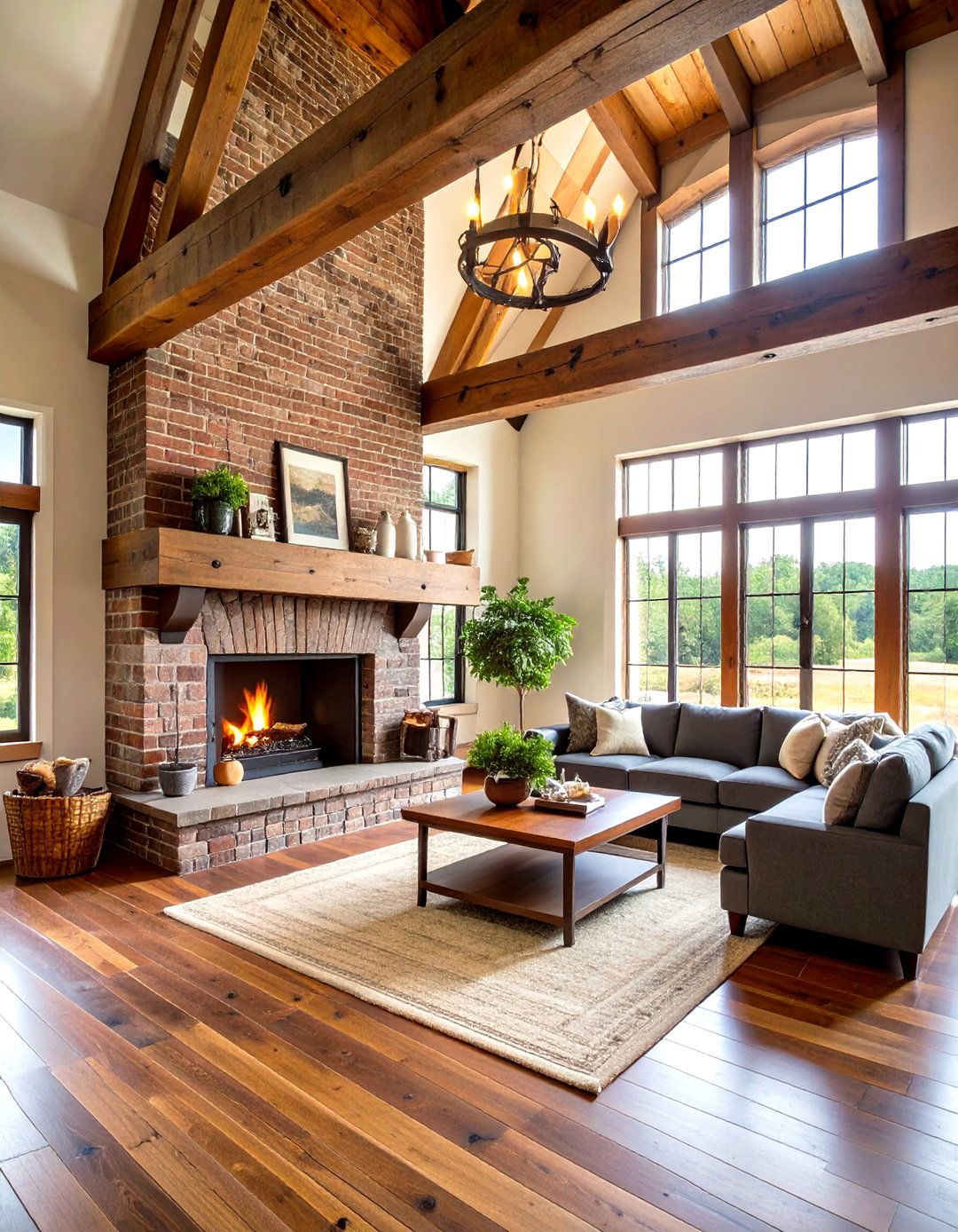 Rustic Timber Beam Mantel with Brick Surround - 20 Two-story Fireplace Ideas