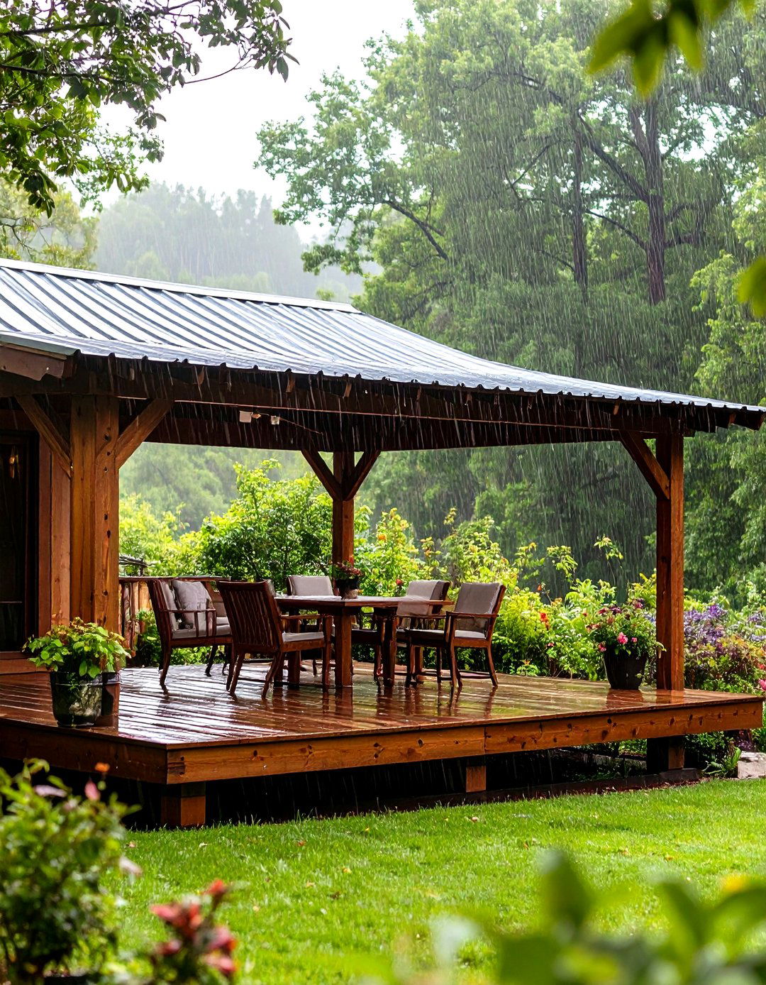 Rustic Timber Frame Deck Awning with Corrugated Metal Top - 20 Deck Awning Ideas