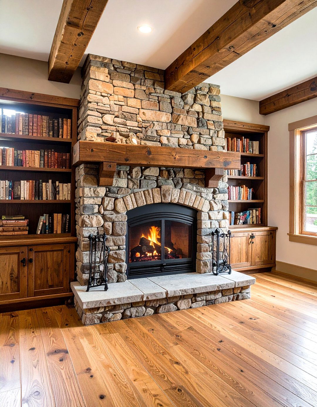 Rustic Timber Meets Fieldstone - 20 Fireplace With Bookshelves