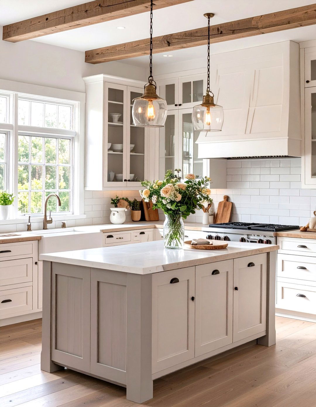 Rustic White Kitchen Cabinets with Weathered Grey Island and Wood Countertops - 20 White Kitchen Cabinets With Grey Island Ideas