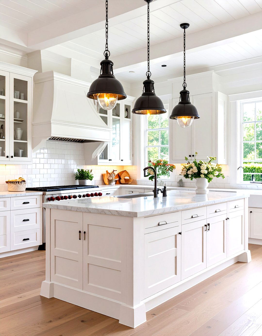 Rustic White Kitchen with Apron Front Range Hood and European Details - 20 Rustic White Kitchen Ideas