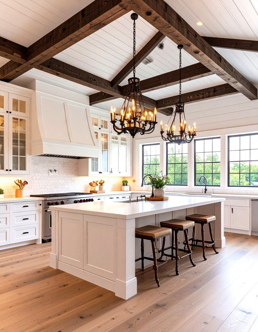 Rustic White Kitchen with Cathedral Ceiling and Vintage Chandeliers - 20 Rustic White Kitchen Ideas