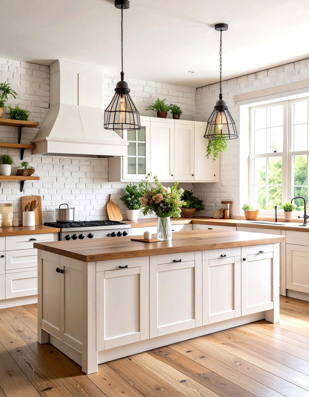 Rustic White Kitchen with Exposed Brick Wall and Vintage Accents - 20 Rustic White Kitchen Ideas