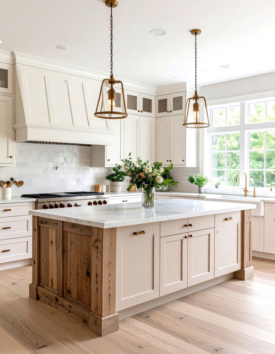 Rustic White Kitchen with Reclaimed Wood Island and Marble Countertops - 20 Rustic White Kitchen Ideas