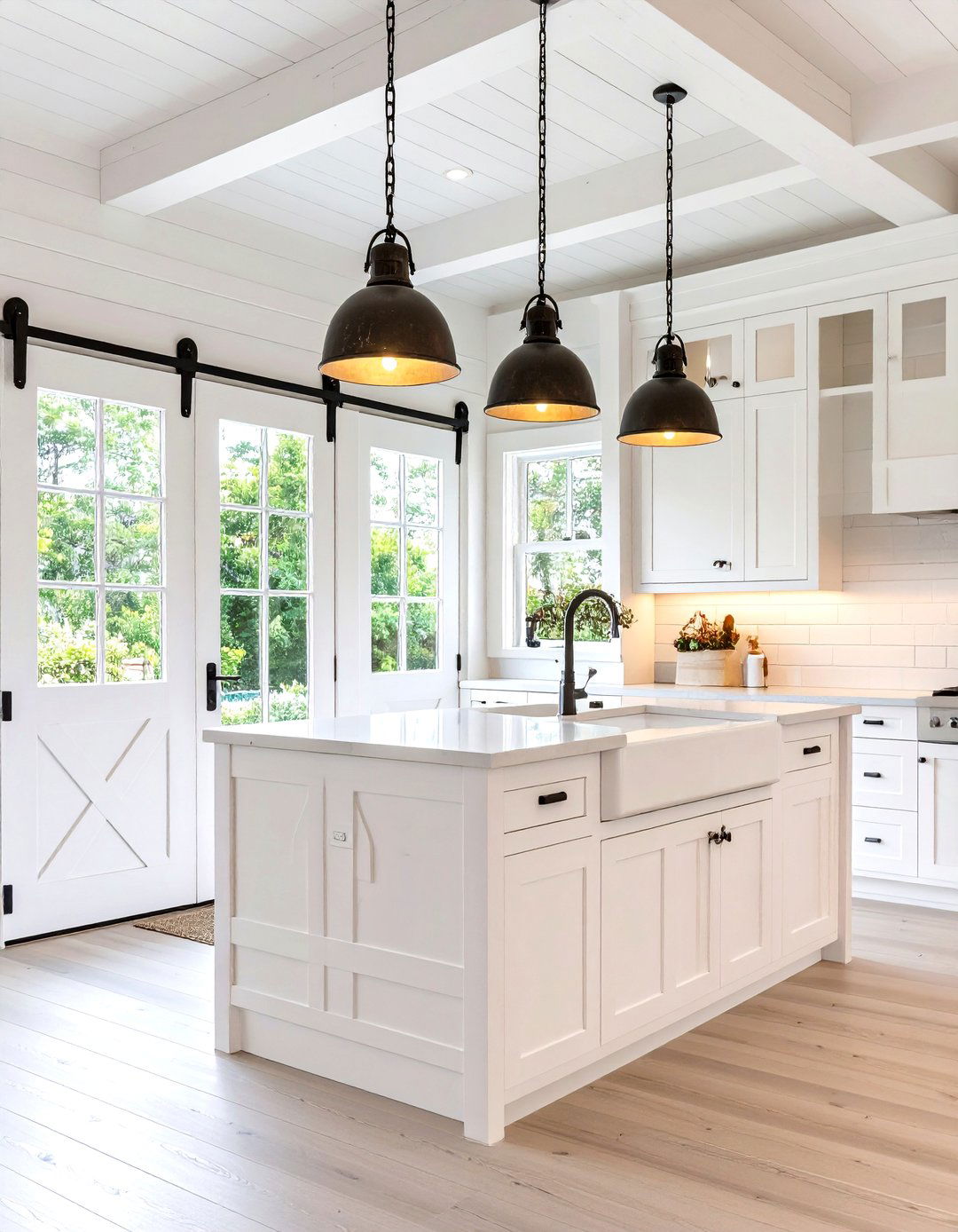 Rustic White Kitchen with Sliding Barn Doors and Farmhouse Storage - 20 Rustic White Kitchen Ideas