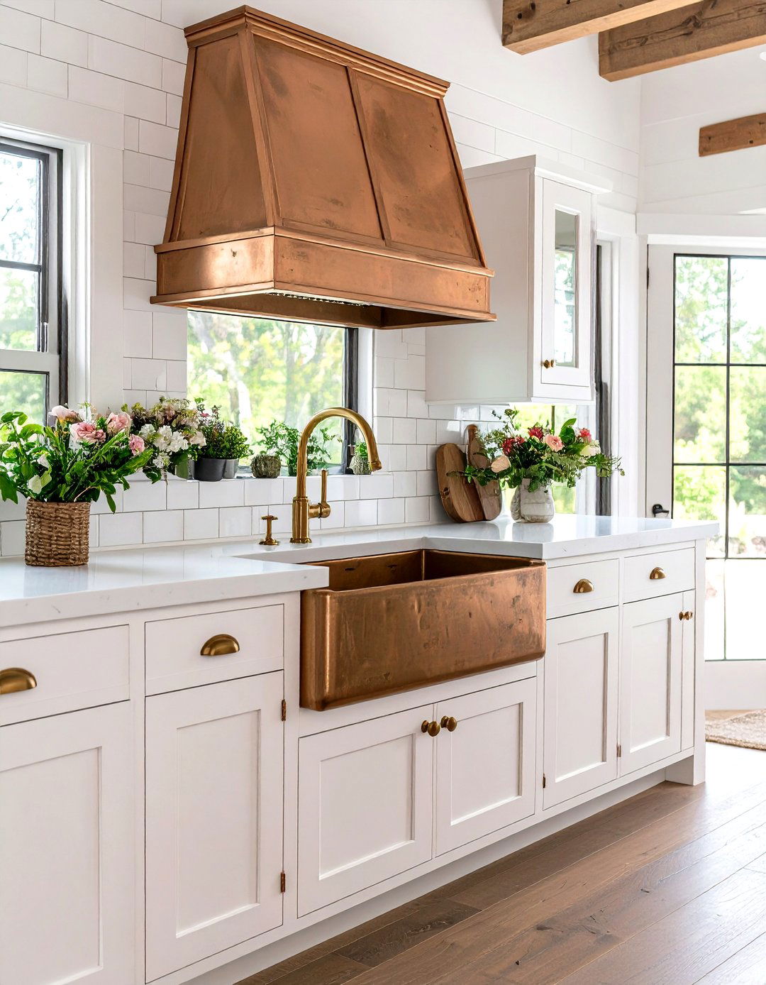 Rustic White Kitchen with Vintage Copper Farmhouse Sink - 20 Rustic White Kitchen Ideas