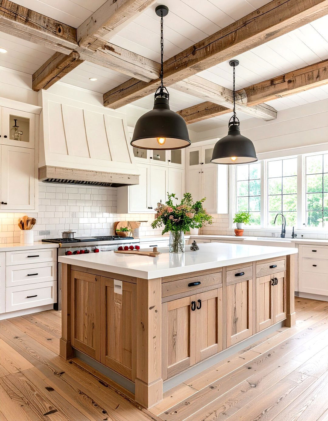 Rustic White Kitchen with Weathered Wood Ceiling and Industrial Lighting - 20 Rustic White Kitchen Ideas