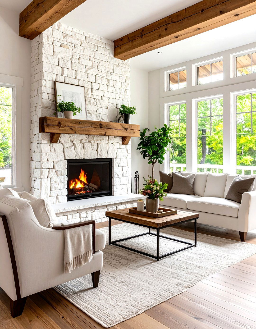 Rustic White Stone Fireplace with Reclaimed Wood Mantel - 20 White Stone Fireplace Ideas