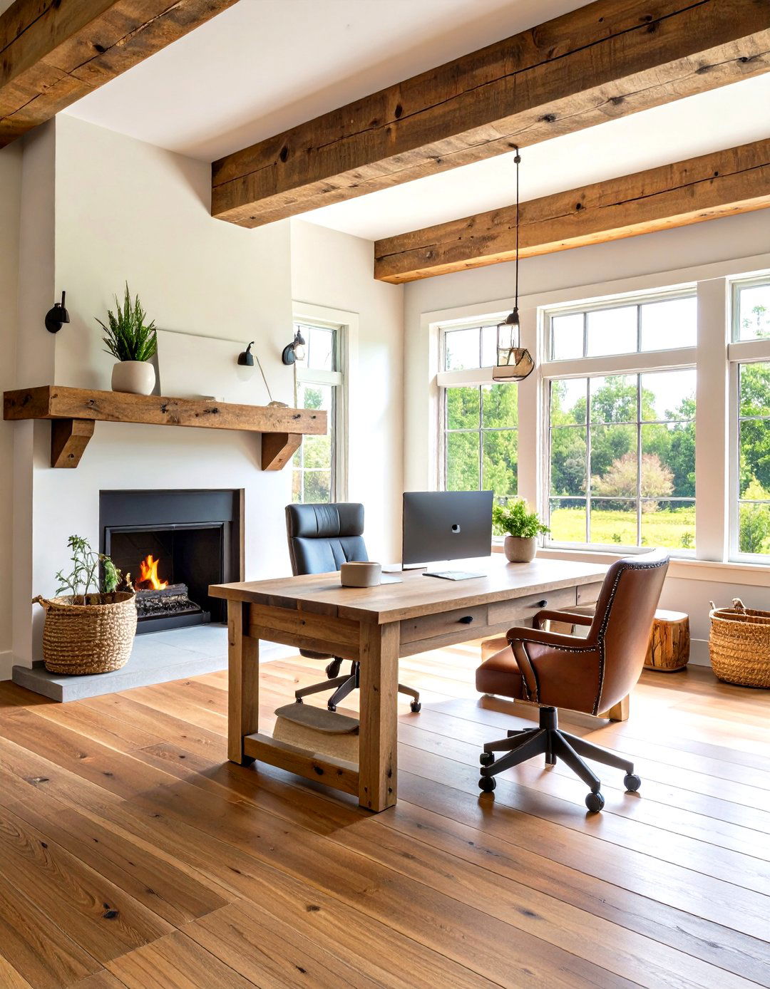 Rustic Wood Beam Mantel in Office Fireplace - 20 Home Office With Fireplace Ideas