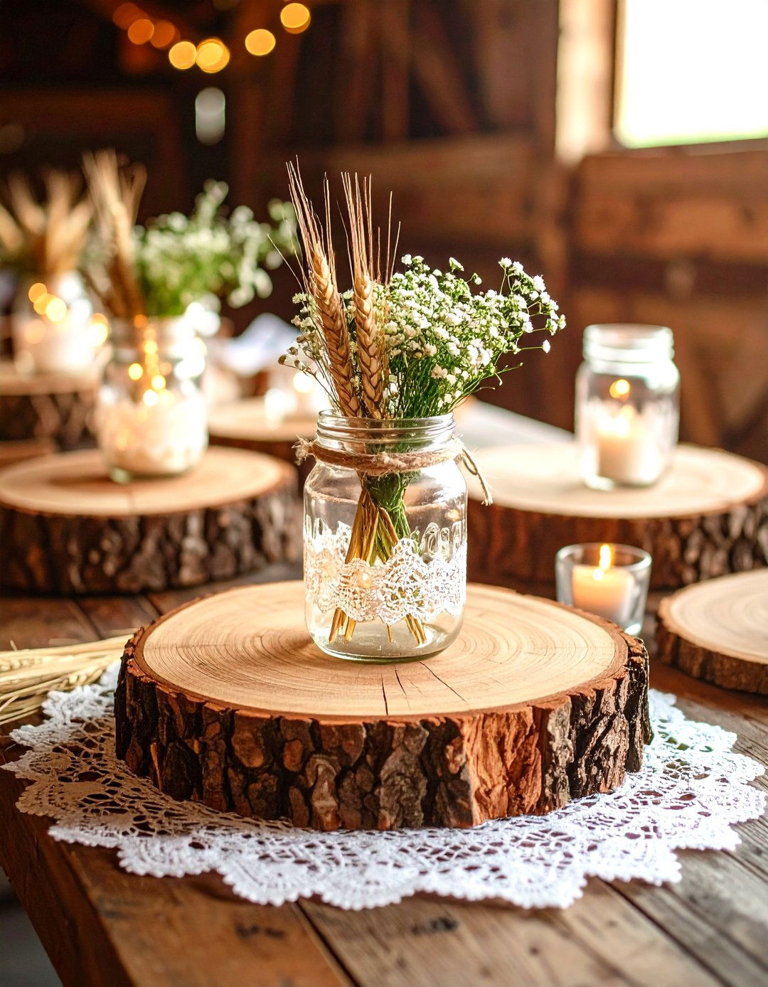 Rustic Wood Slice and Mason Jar Light Non Floral Wedding Centerpiece - 20 non-floral wedding centerpiece ideas
